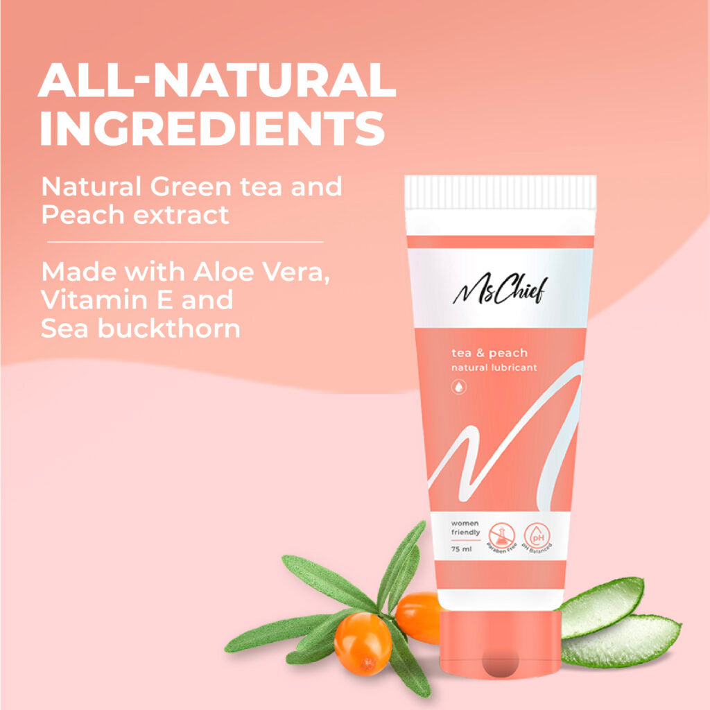 Tea & Peach Lube is made with Aloe Vera, Vitamin E and Sea Buckthorn